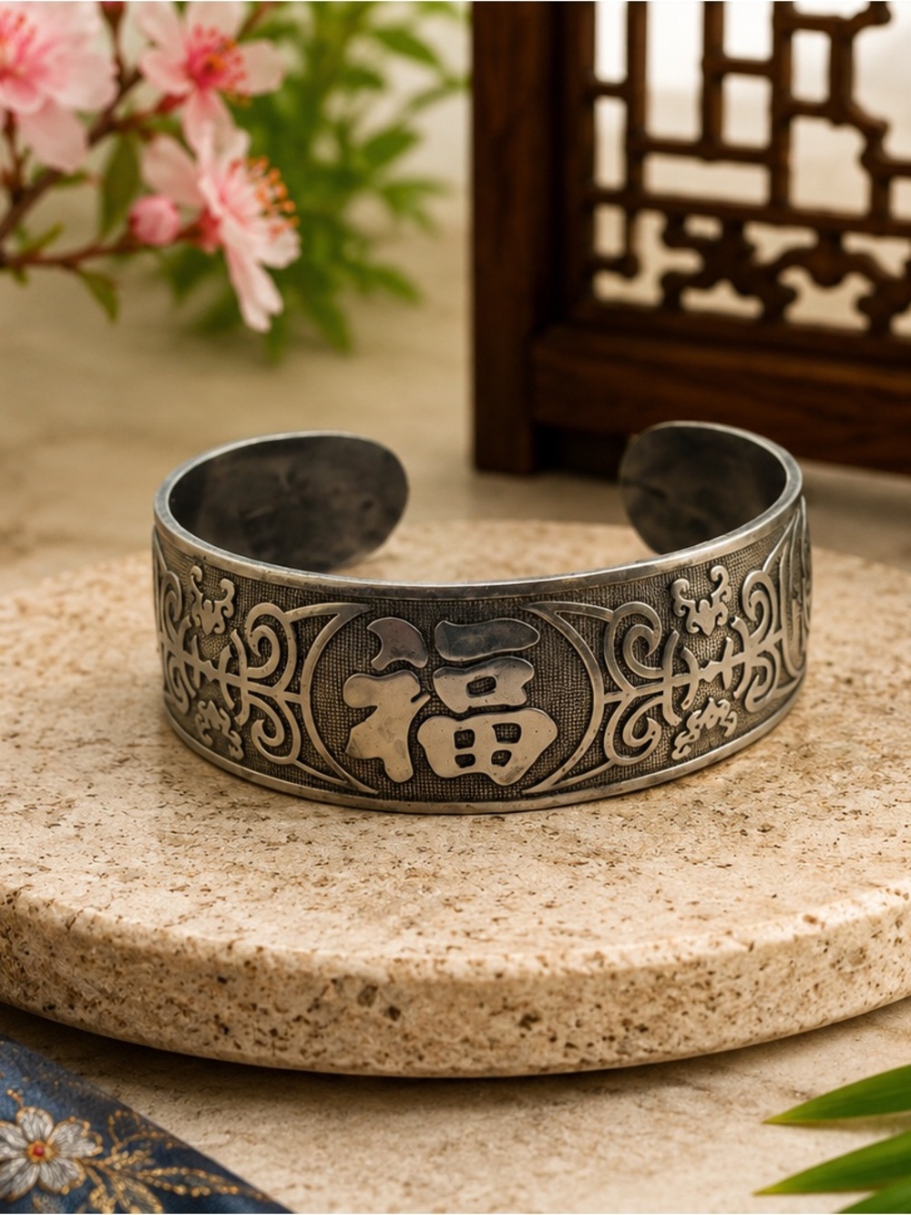 Vintage Tibetan Silver “Fu” (福) Cuff Bracelet | Good Fortune | Adjustable 7”